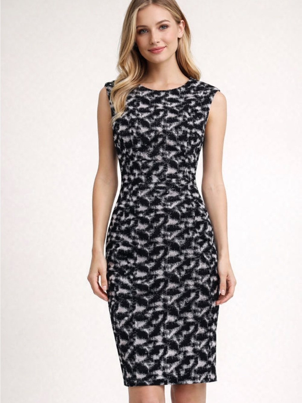 Calvin Klein Black & White Patterned Midi Sheath Dress